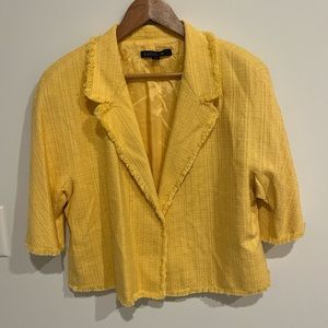 Designer open front blazer with fringe hem. Vibrant yellow. Lafayette 148 NY
